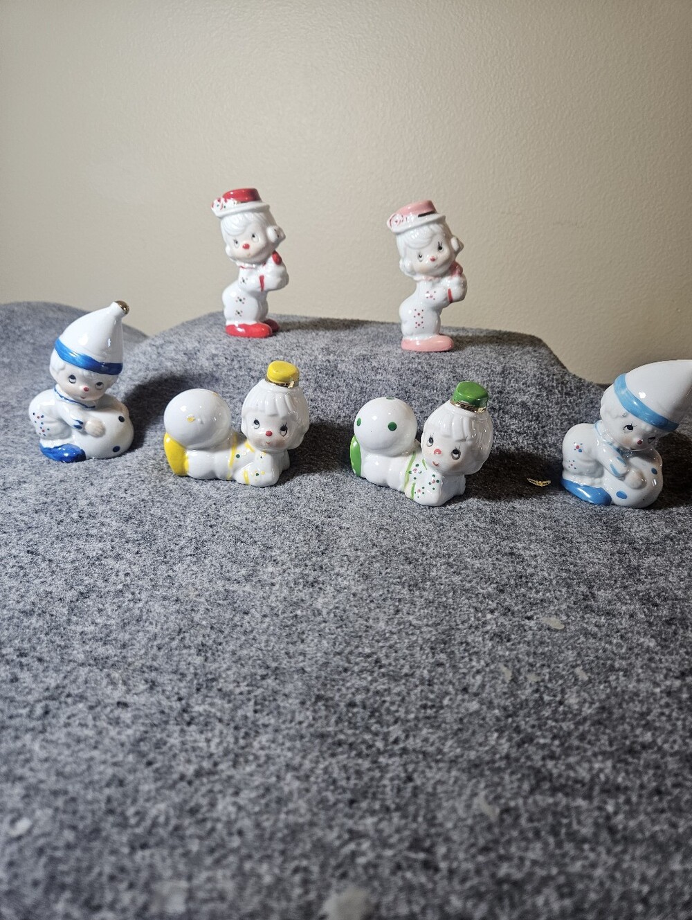 Set of 6 Ceramic Clown Figurines - White with Color Accents